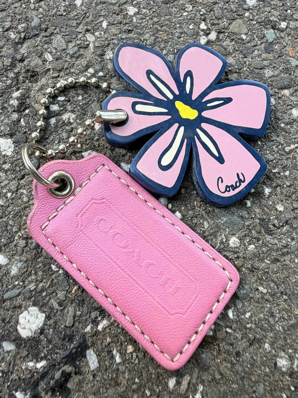 Vintage Coach Pink Leather Tag Keychain Navy Floral Poppy Charm
